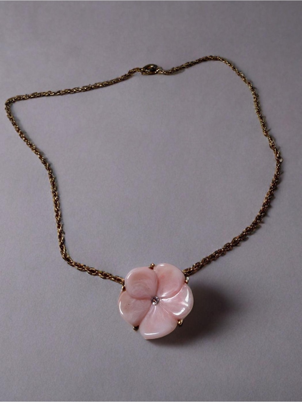 Gold-Tone Necklace with Pink Flower Pendant